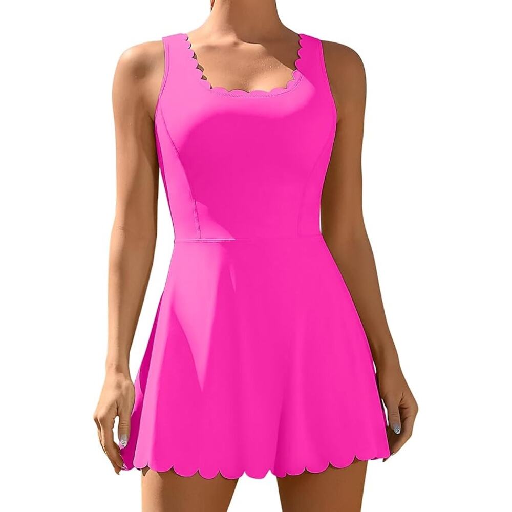 Sleeveless Scallop Hem Mini Dress in Bright Pink